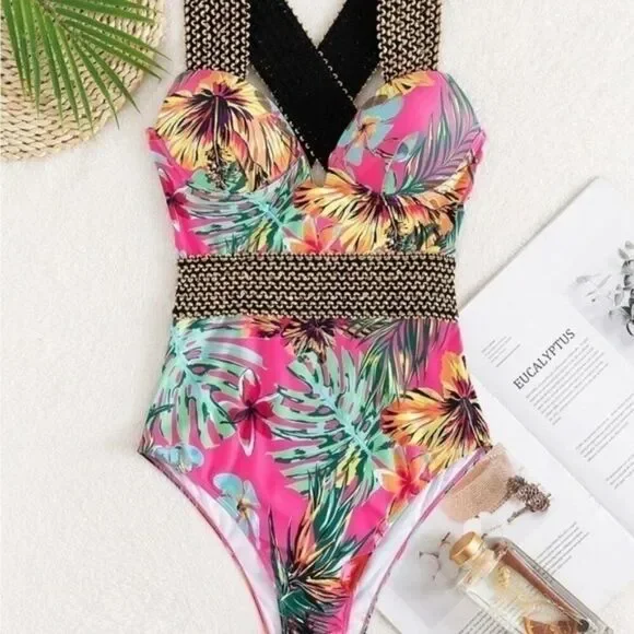 Shein Pink Tropical Stitch Pushup One Piece Swimsuit Bikini L - Picture 4 of 11
